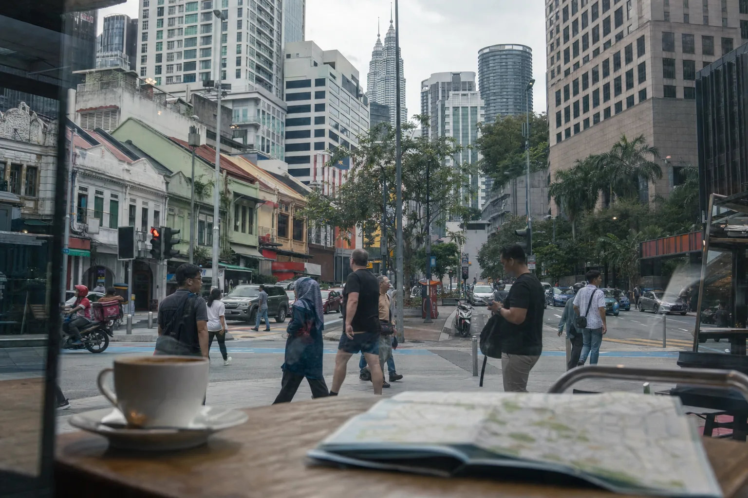 Pedestrians and mixed high-rise buildings on a busy Central Kuala Lumpur street