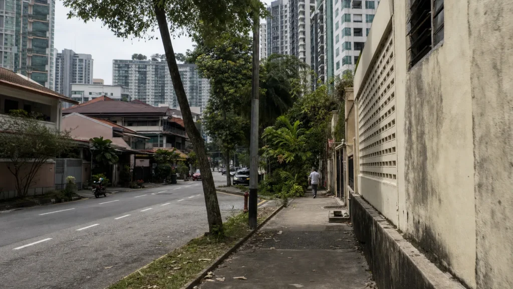 Tree-lined Central Kuala Lumpur street with older buildings and residential towers beyond