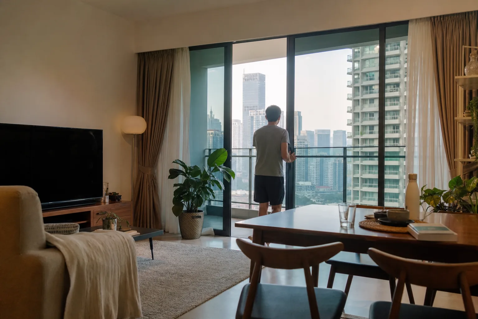 Resident checking balcony airflow and surrounding buildings from a lived-in city-centre condominium
