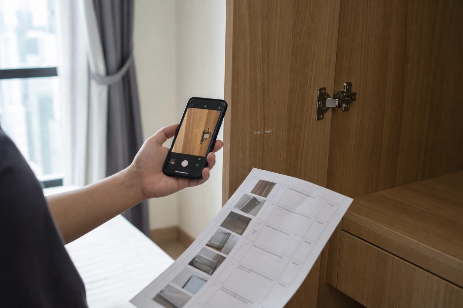 Tenant photographing an existing wardrobe mark while checking a condominium inventory sheet