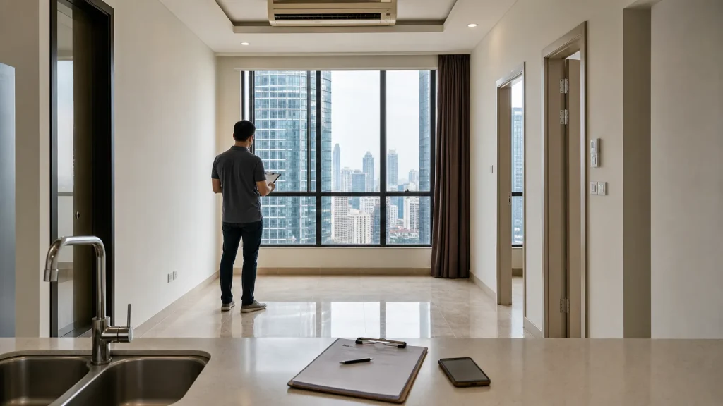 Prospective tenant inspecting the condition of a furnished condominium interior in Kuala Lumpur