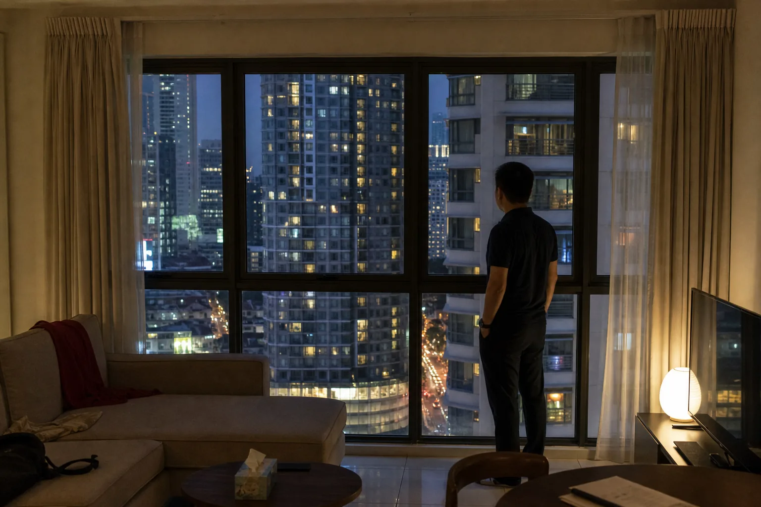 Buyer assessing neighbouring towers and evening conditions from a city-centre condominium