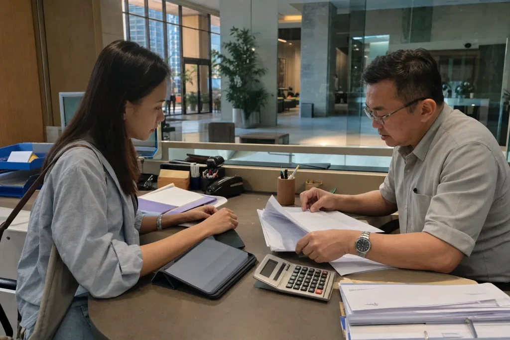 Condominium buyer reviewing management records with building staff in Kuala Lumpur