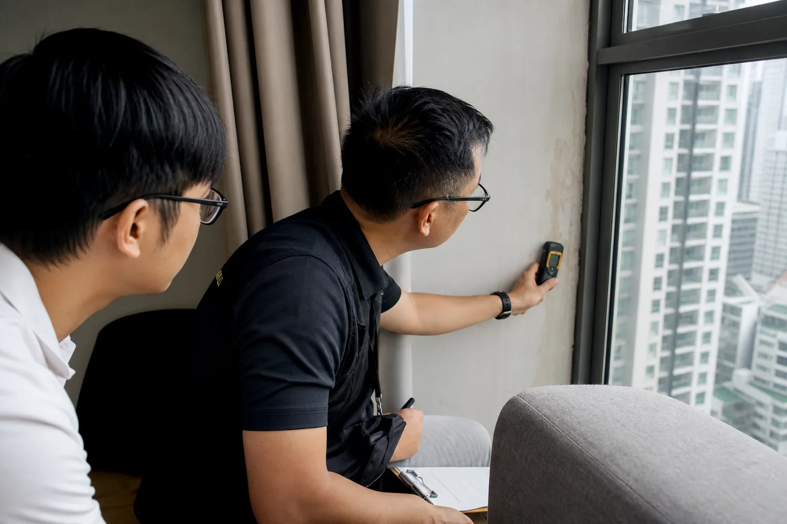 Inspector checking possible moisture near a condominium window while a buyer observes