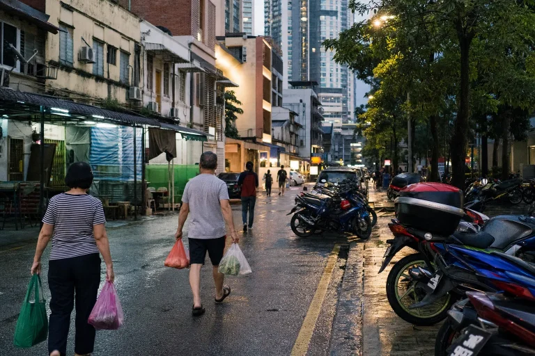 Residents carrying groceries along a mixed old-and-new Bukit Bintang side street after rain
