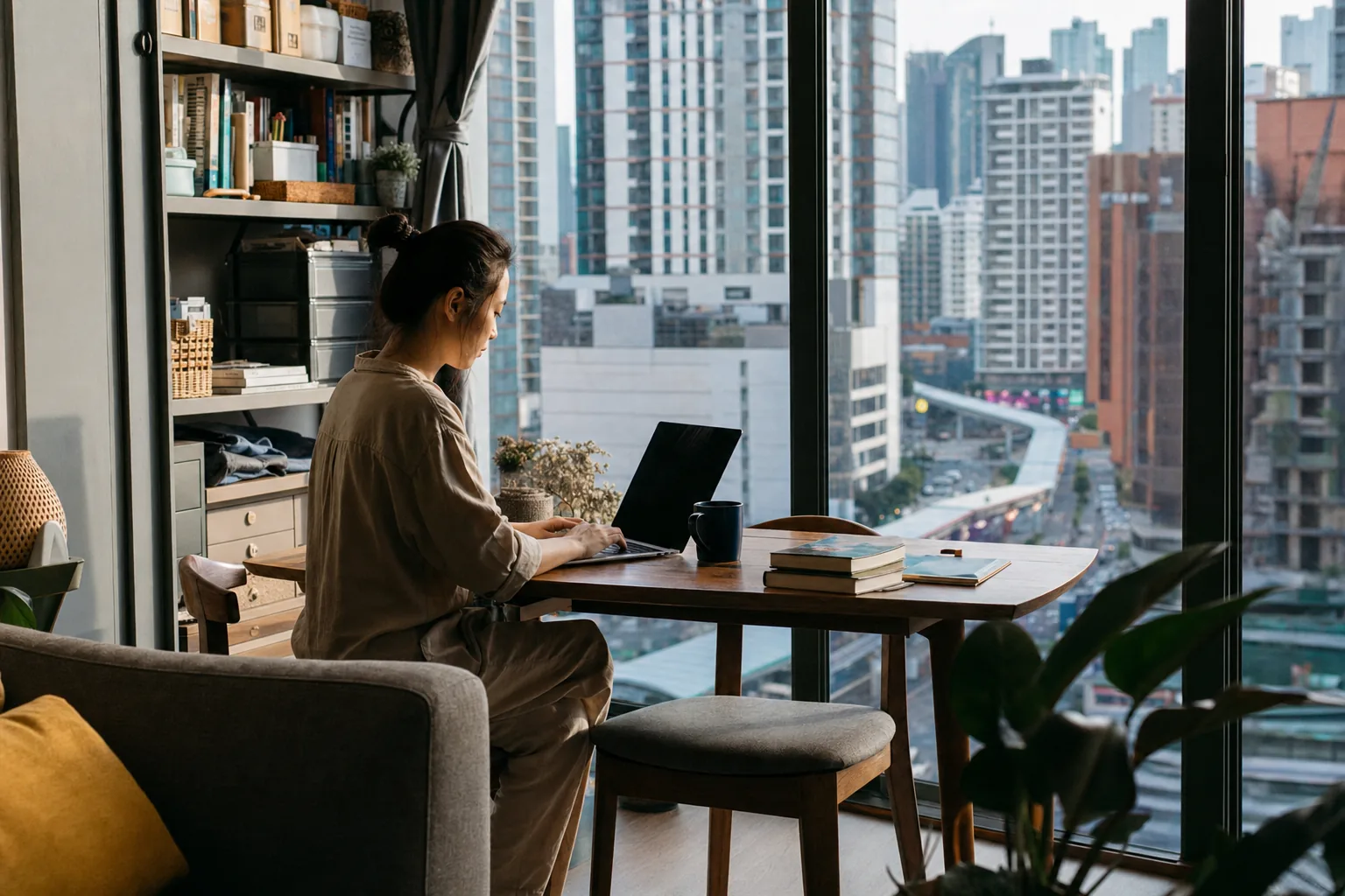 Resident working from a compact lived-in Bukit Bintang condominium with nearby towers outside