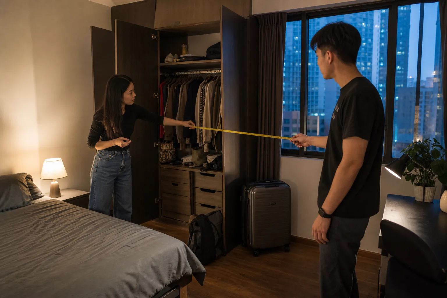 Prospective housemates measuring bedroom and wardrobe space in a furnished city-centre rental
