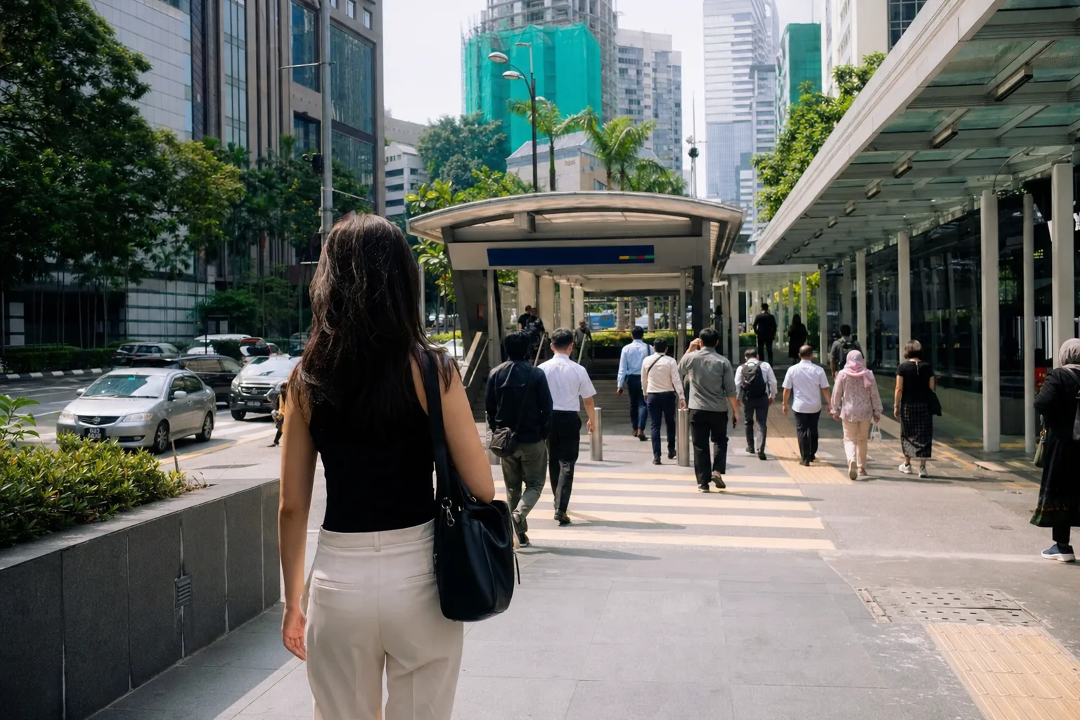Bukit Bintang renter walking toward rail access with other weekday commuters