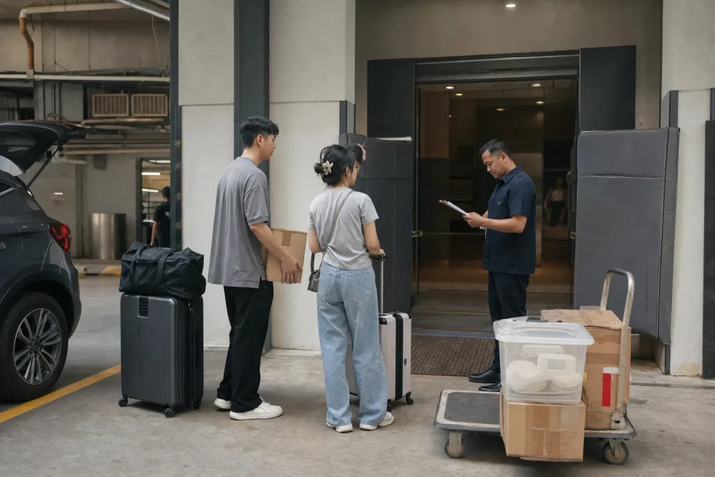Tenants completing move-in procedures at a Kuala Lumpur condominium loading entrance