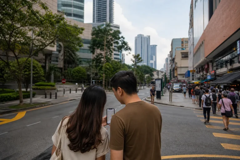 Couple comparing calmer and busier central Kuala Lumpur street settings for own stay