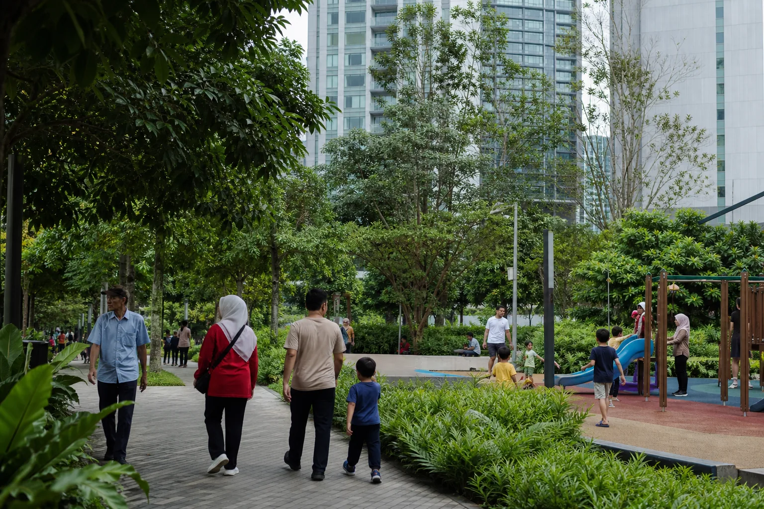 Families and residents using a landscaped elevated public park among central Kuala Lumpur towers