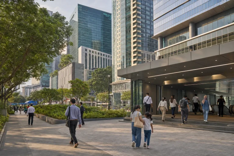Residents using a modern mixed-use public realm near rail access in central Kuala Lumpur