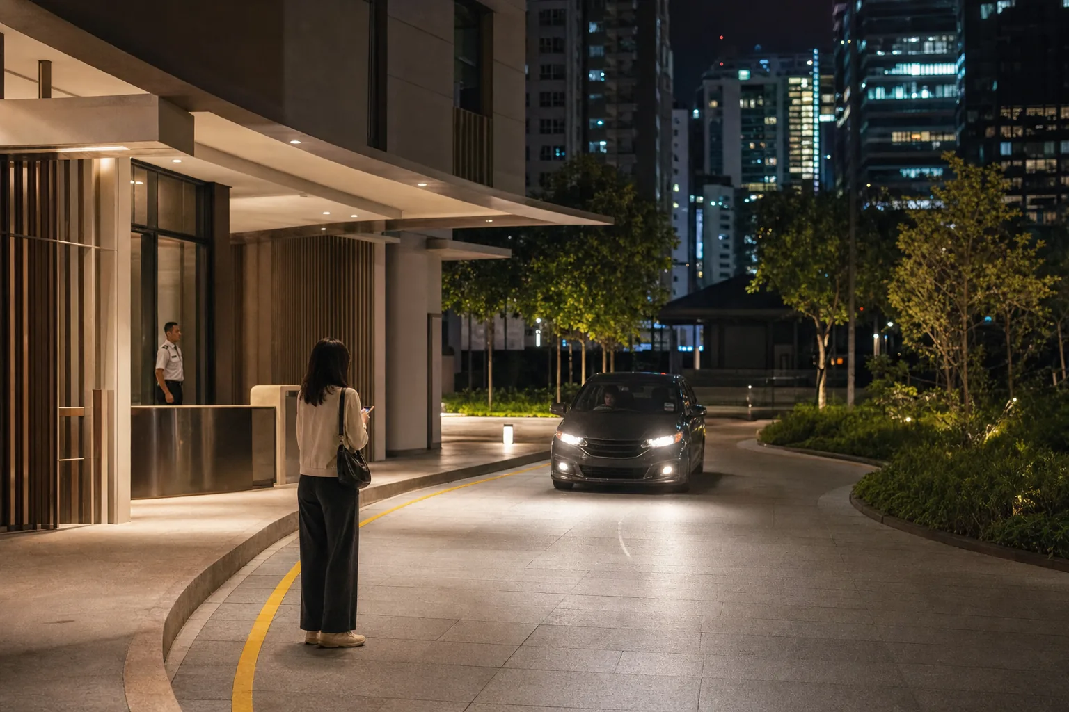 Resident waiting at a well-lit condominium ride-hailing pick-up bay late at night