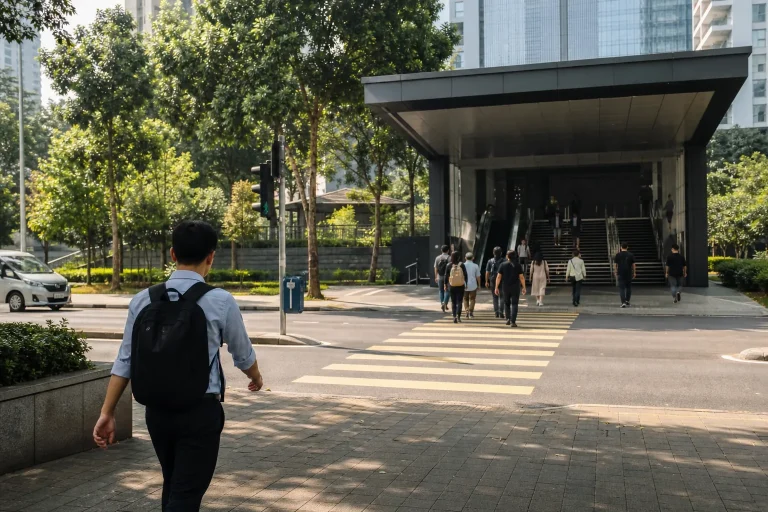 Resident walking from a central Kuala Lumpur condominium toward a major underground MRT entrance
