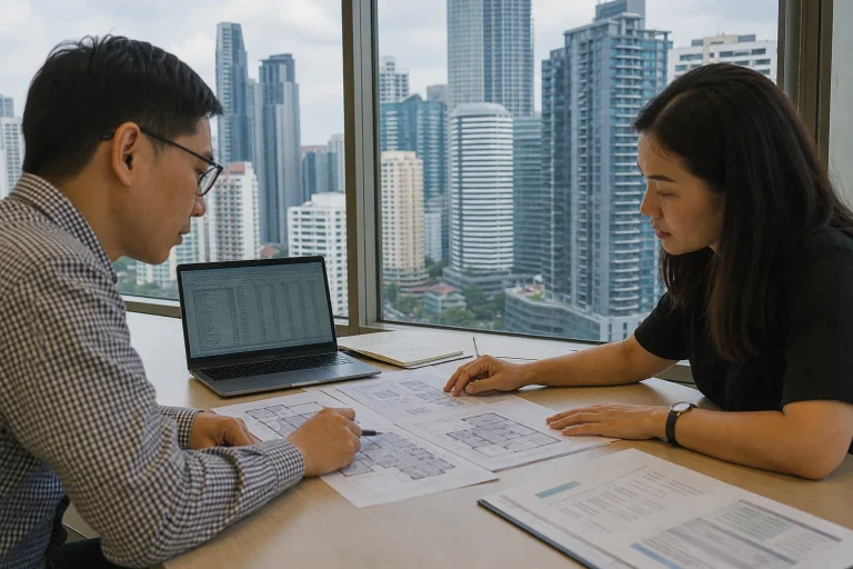 Property buyer and analyst comparing central Kuala Lumpur condominium documents