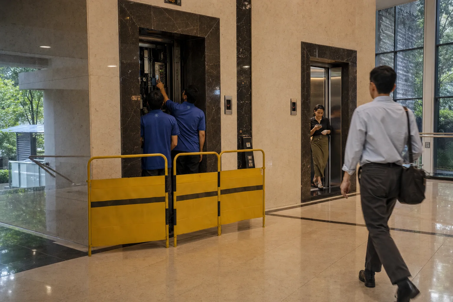 Technicians servicing one condominium lift while residents use another in Kuala Lumpur