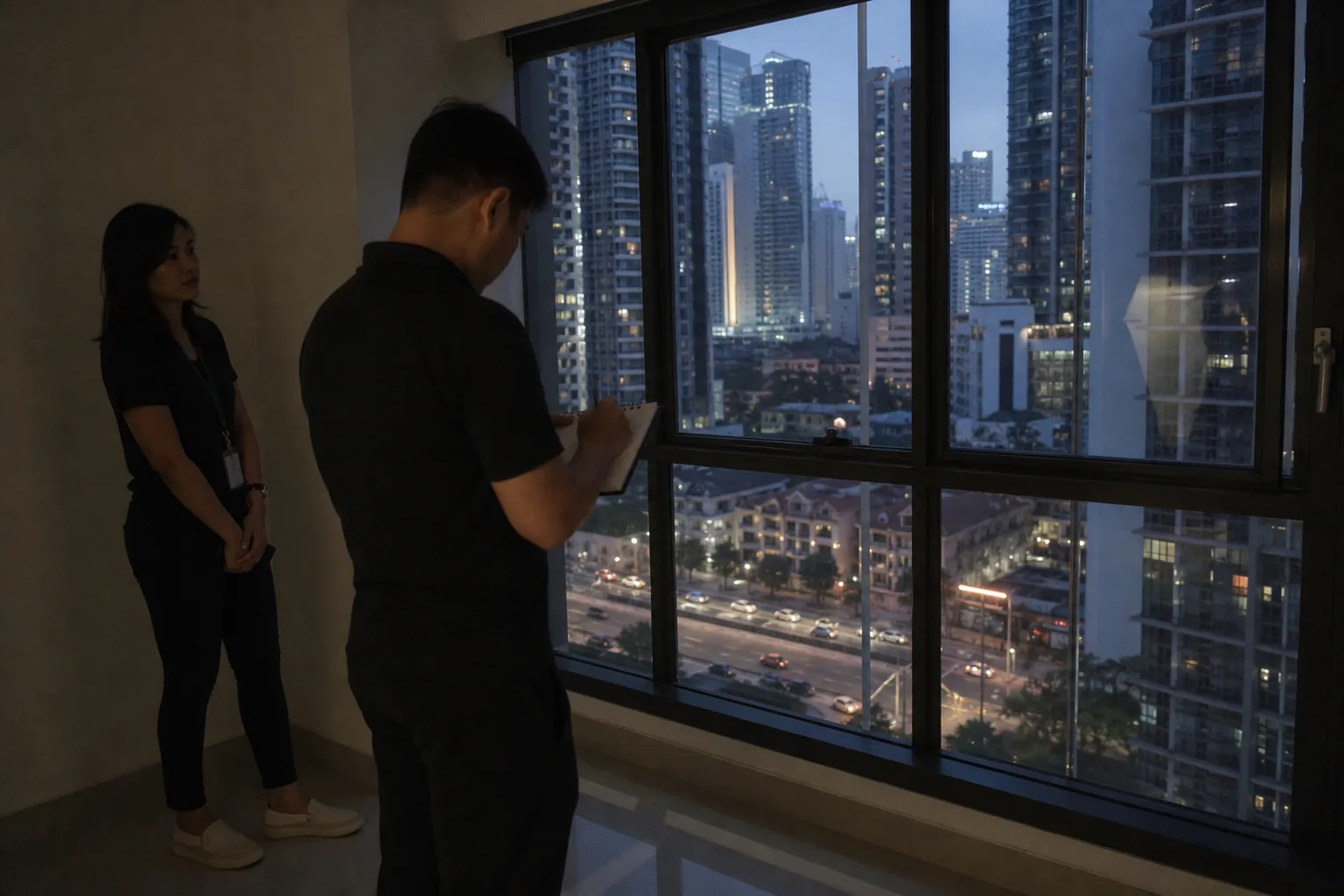 Potential landlord assessing neighbouring towers and traffic from an unfurnished Kuala Lumpur condominium