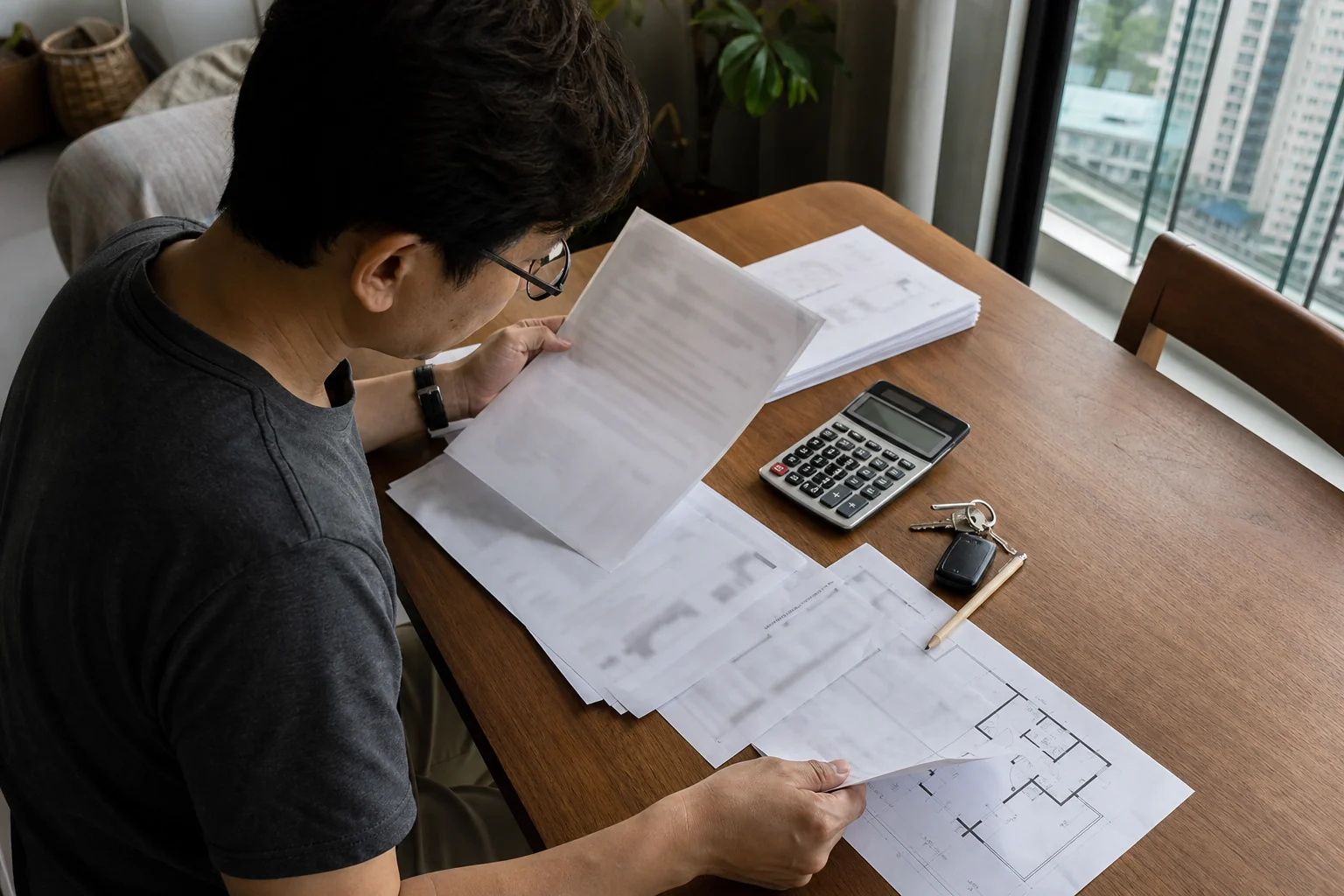 Buyer reviewing strata title, floor plan and ownership documents for a Kuala Lumpur high-rise unit