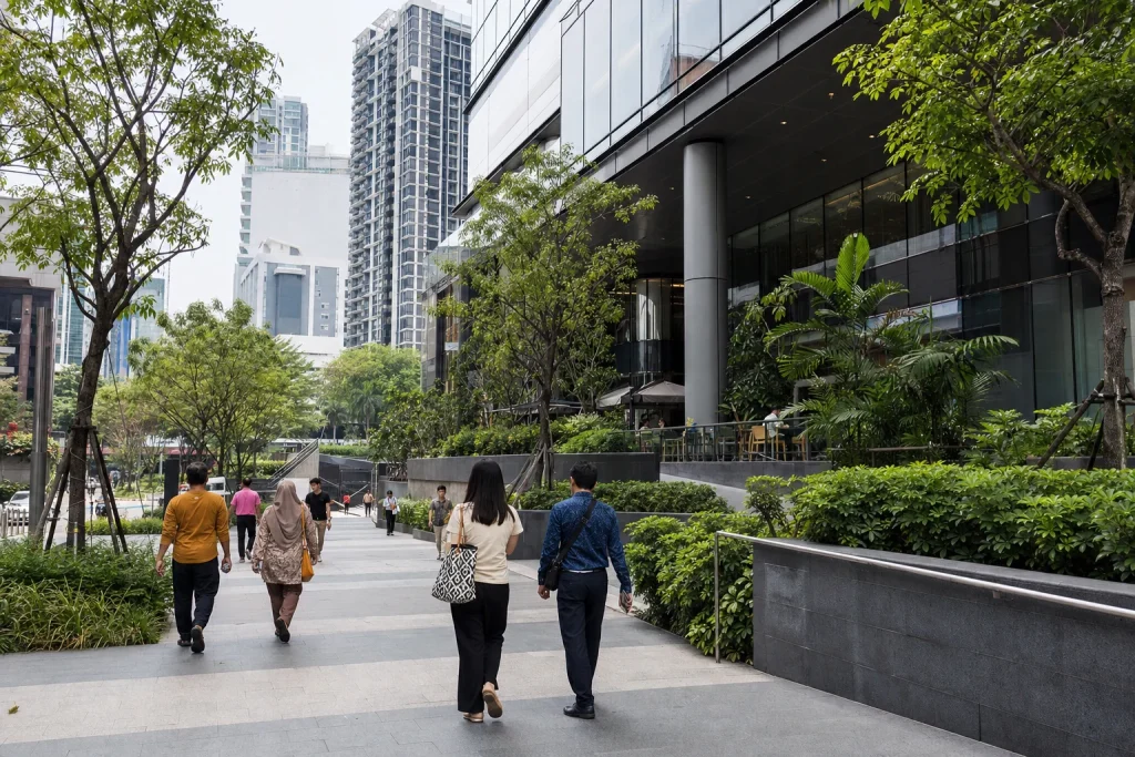 Residents walking through a landscaped mixed-use district near BBCC