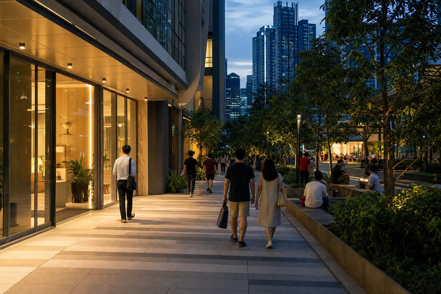 Residents using a landscaped BBCC mixed-use walkway during the early evening