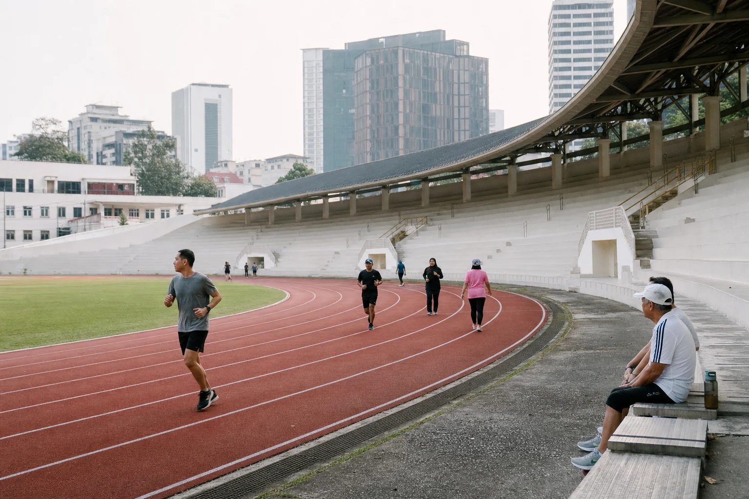 Residents jogging and walking on the track inside a restored heritage stadium in central Kuala Lumpur