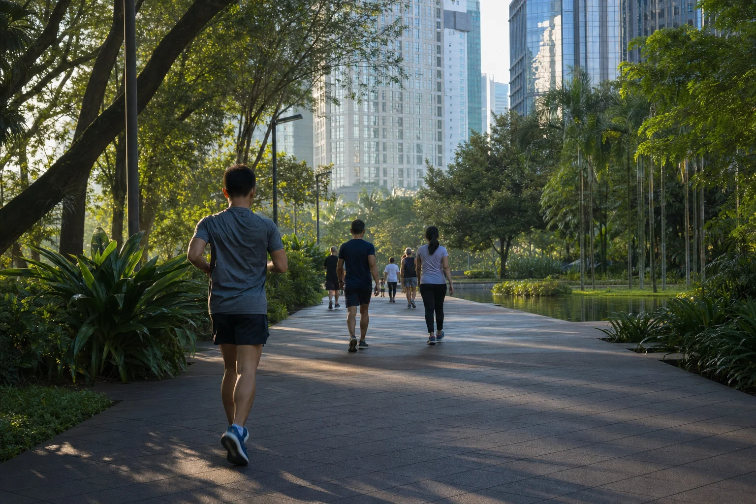 Residents jogging and walking through a mature landscaped park in the KLCC district