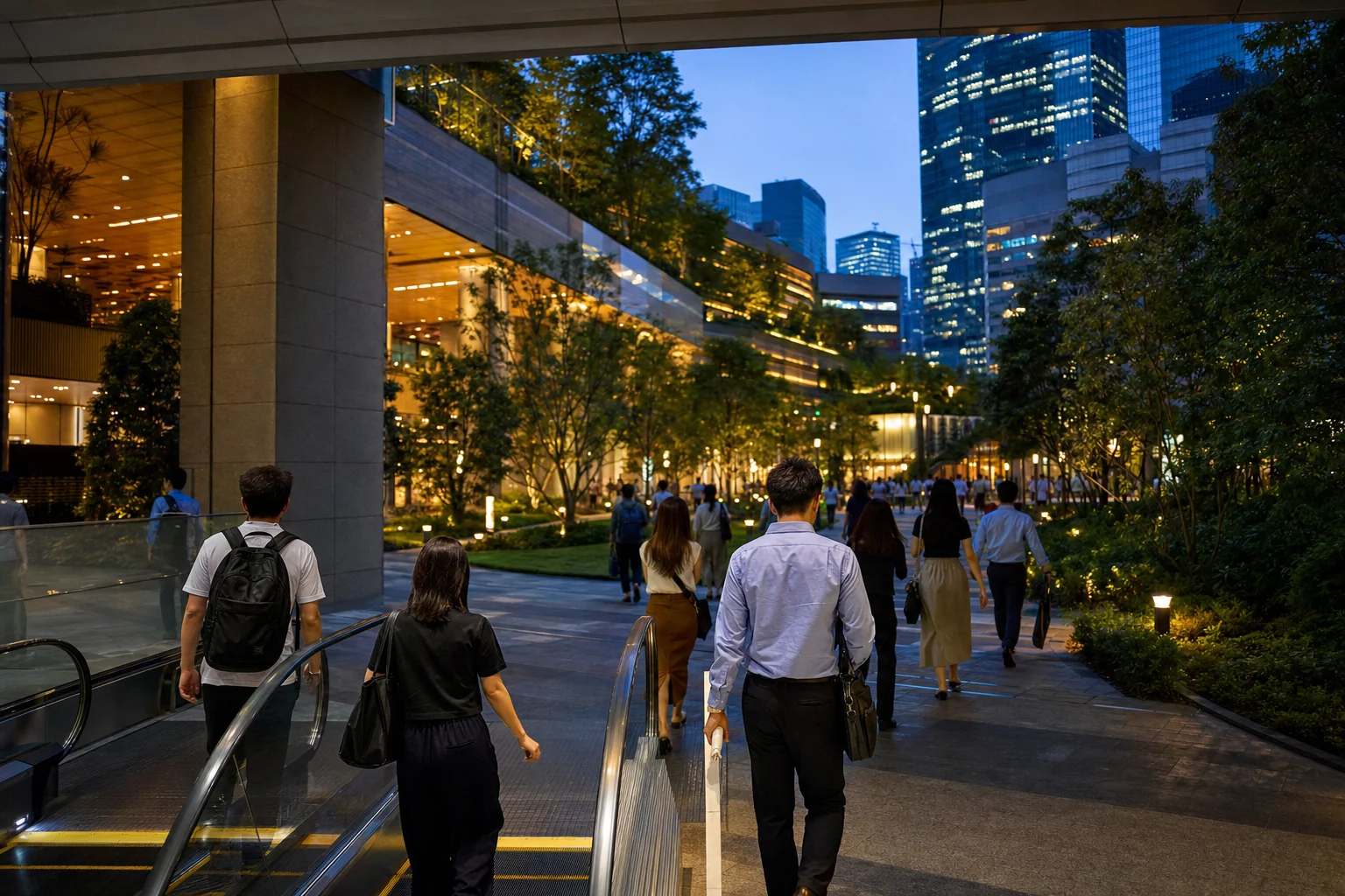 Residents arriving from an MRT interchange into a landscaped mixed-use district at TRX