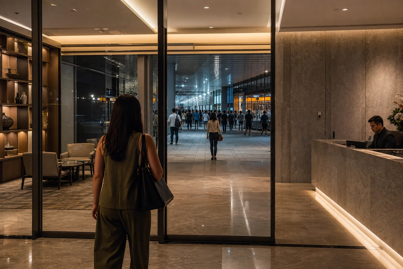 Renter entering a private BBCC residential lobby separated from a busier mixed-use concourse