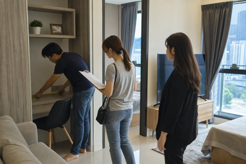 Renters measuring a work area and checking the inventory in a furnished Central KL apartment