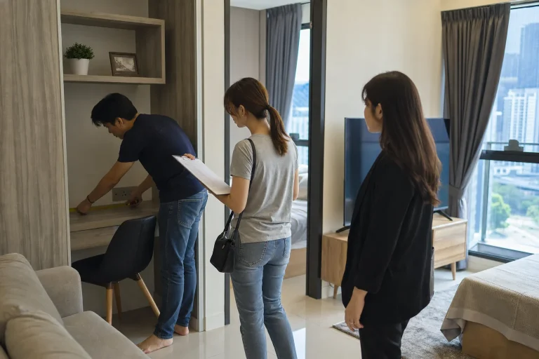 Renters measuring a work area and checking the inventory in a furnished Central KL apartment