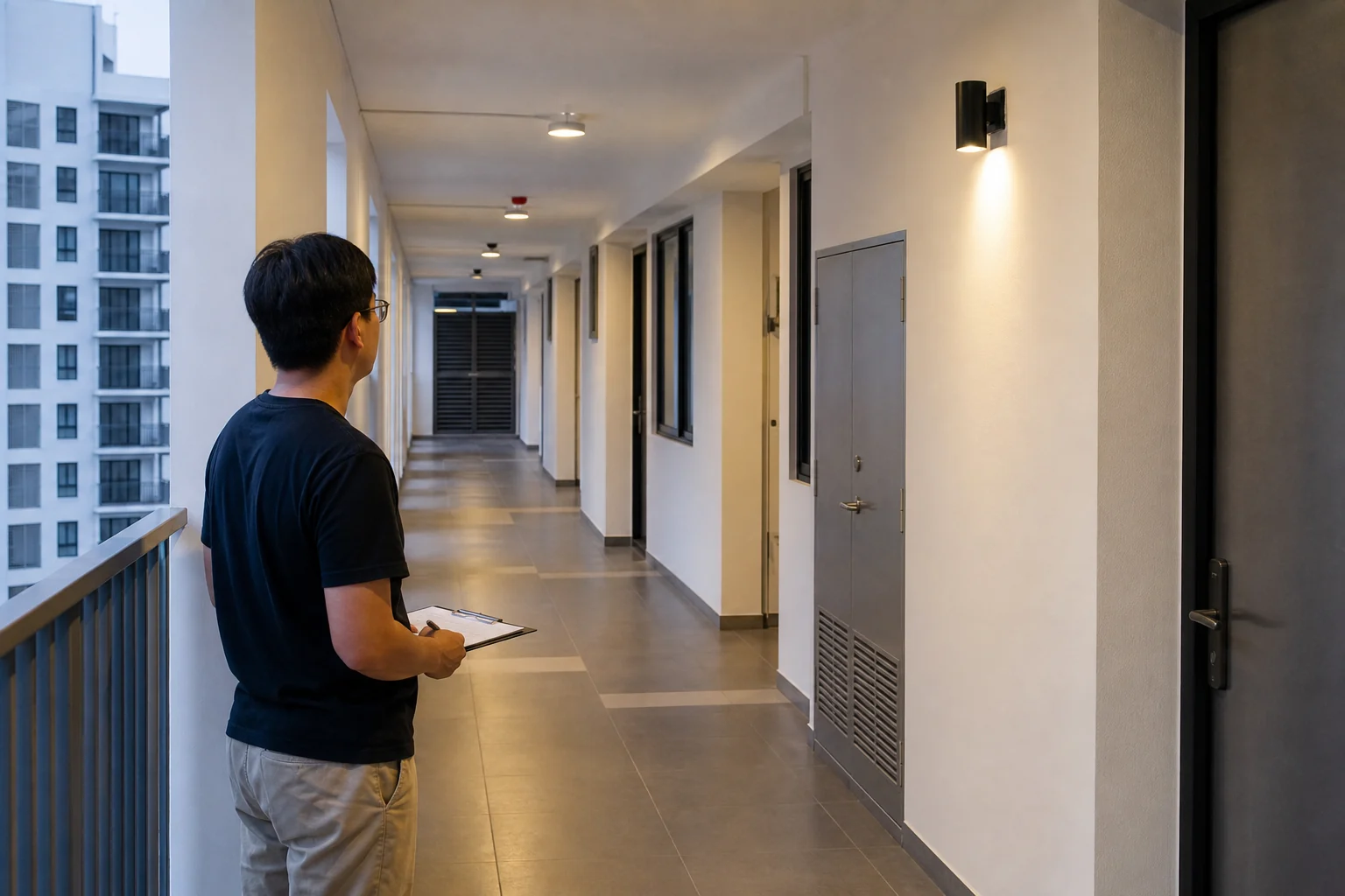 Buyer checking door spacing, lift proximity and building-service noise along a condo corridor