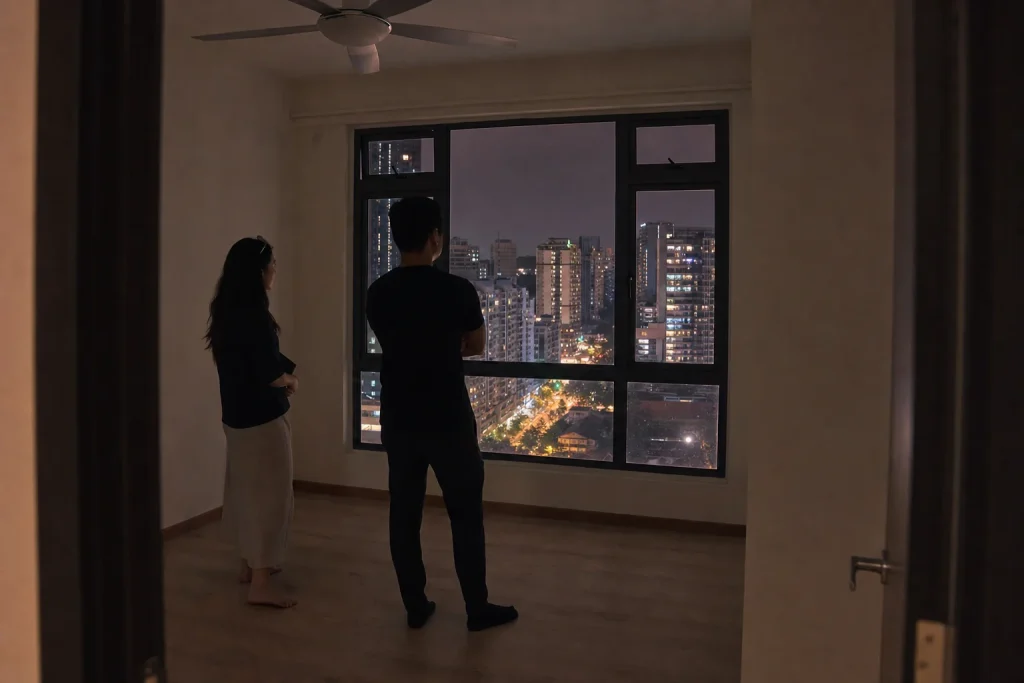 Buyer and agent listening for city noise in an unfurnished condominium bedroom at night