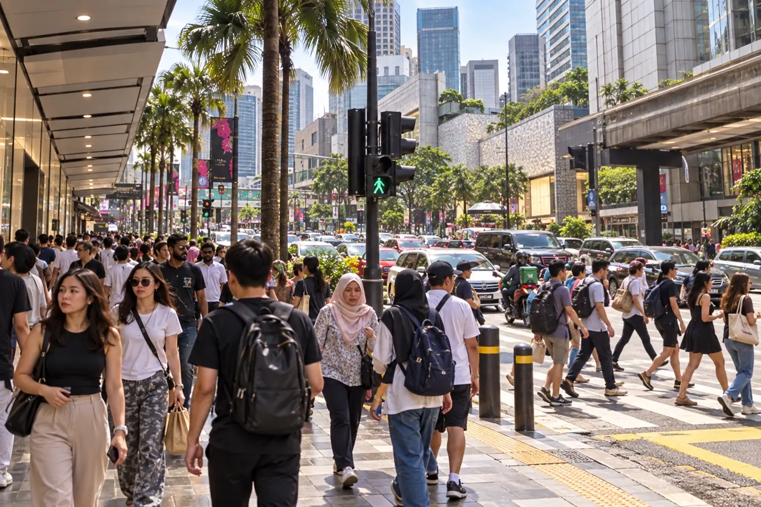 Pedestrians crossing a busy shopping street in Bukit Bintang during the day