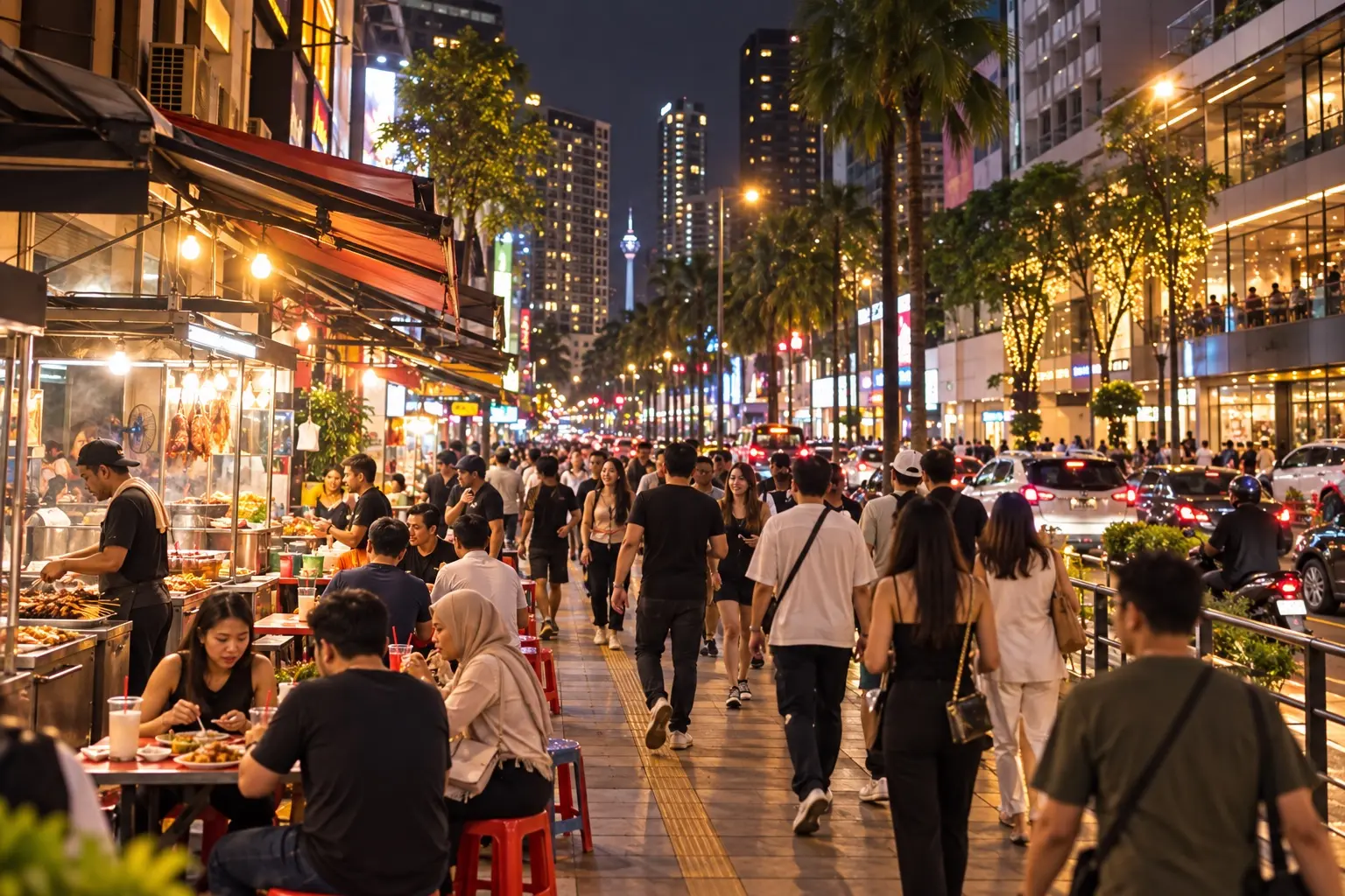 Busy evening dining and pedestrian activity along a Bukit Bintang street
