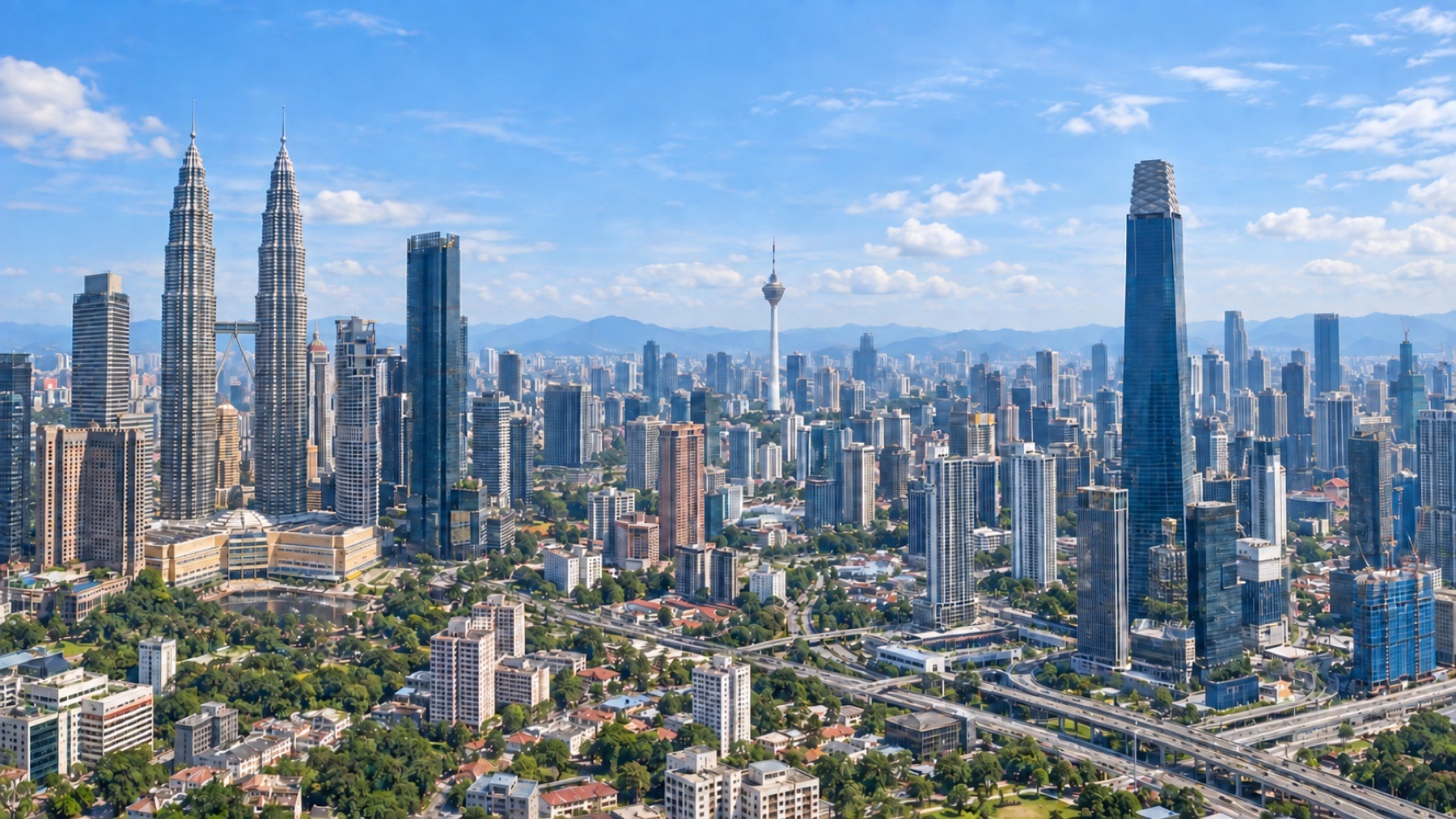 Central Kuala Lumpur skyline with the Petronas Twin Towers, KL Tower and TRX
