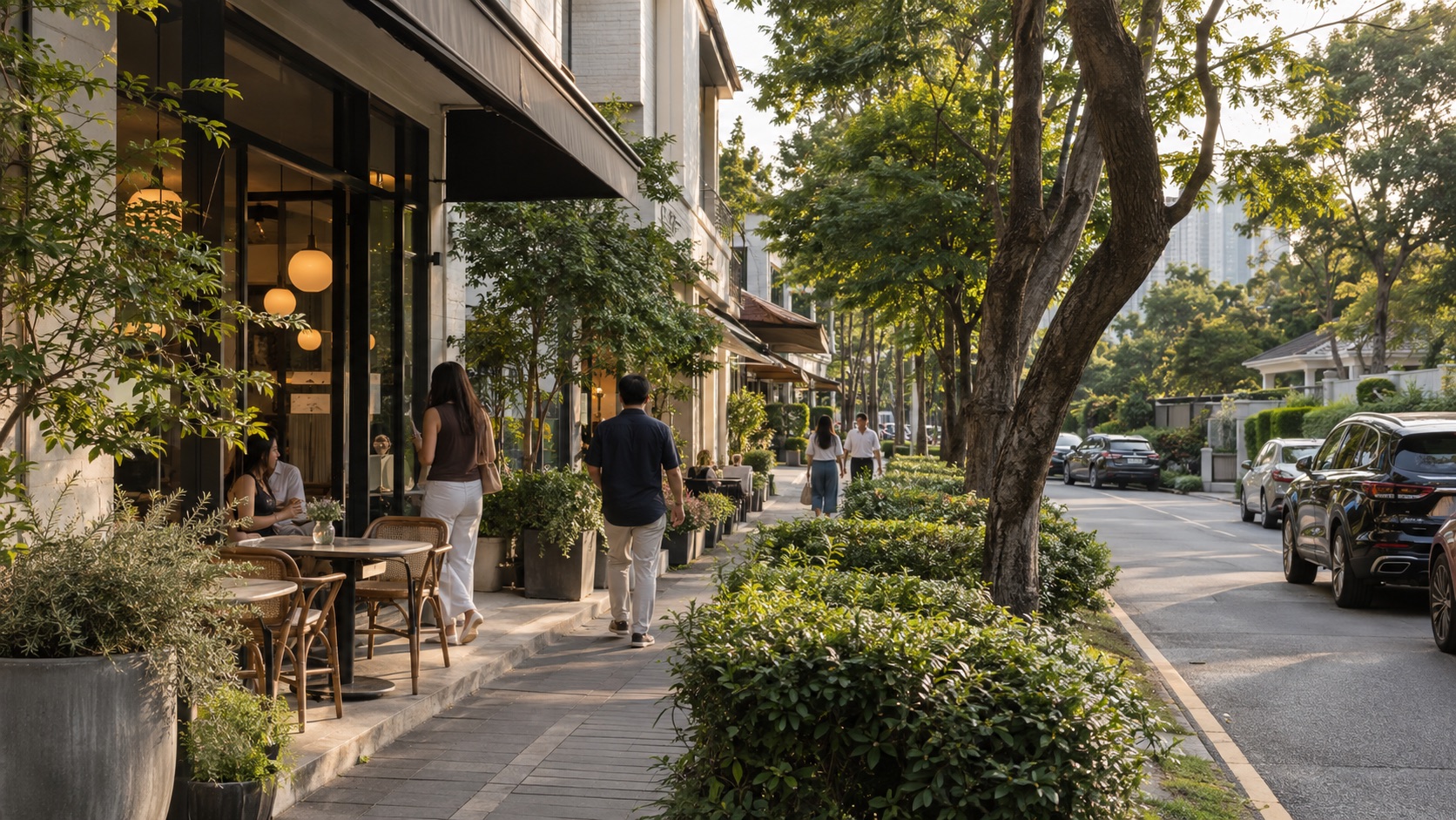 Neighbourhood cafe and green residential street representing daily life in Damansara Heights