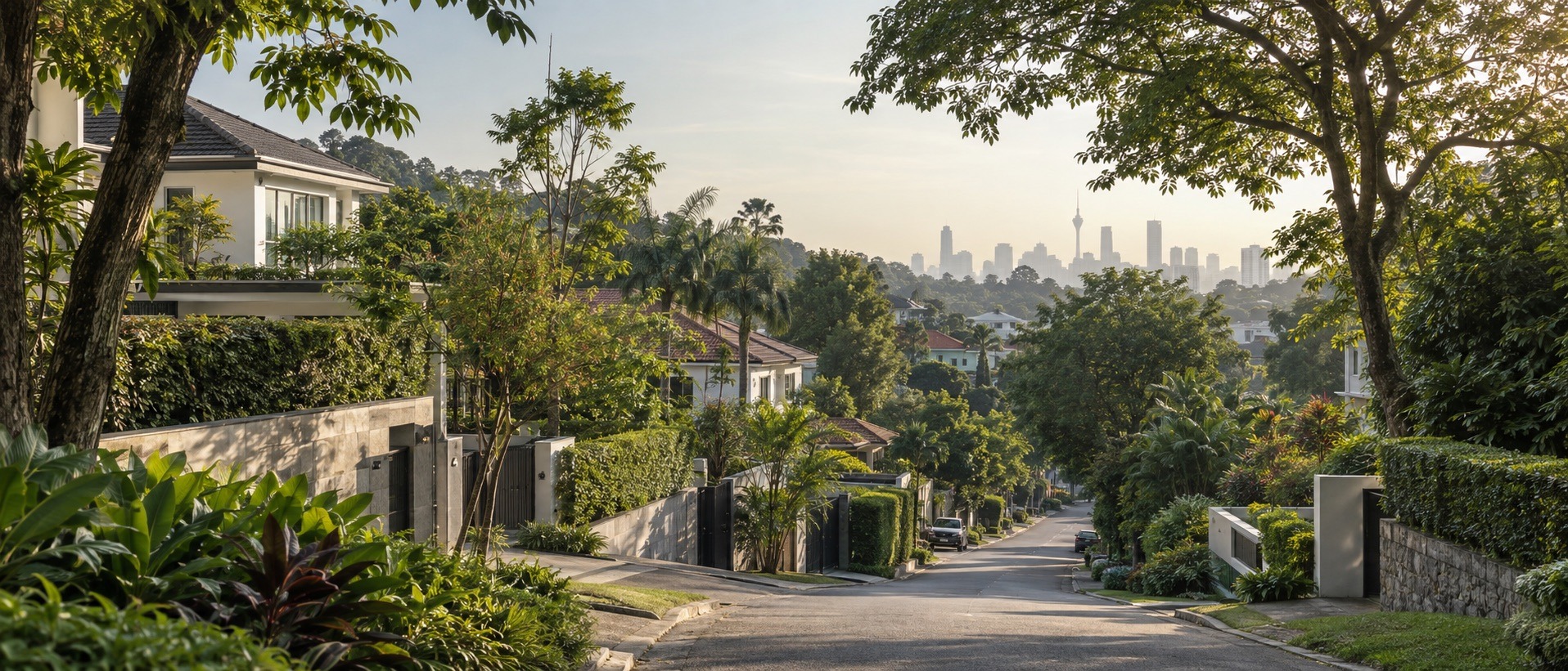Leafy hillside residential street with detached homes in Damansara Heights