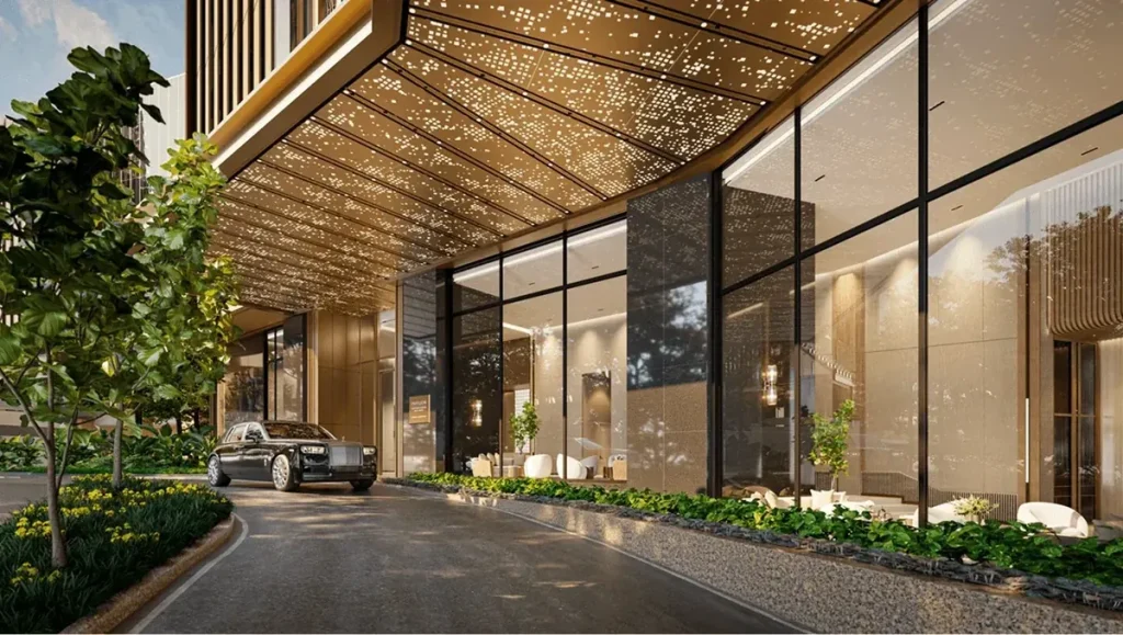 Artist’s impression of the covered arrival area and entrance lobby at Imperial Residences