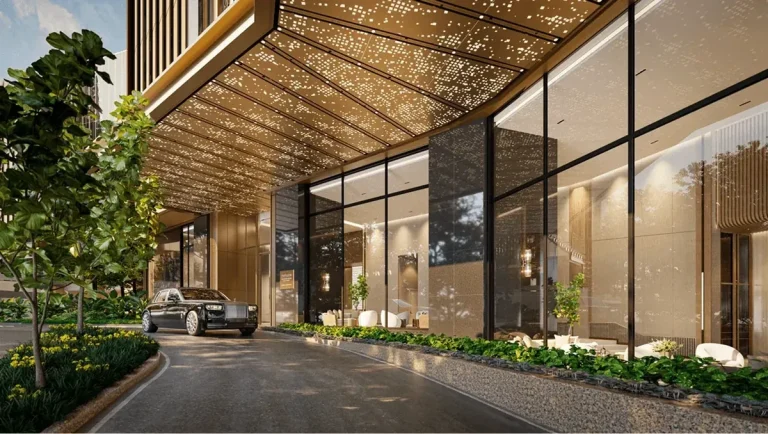 Artist’s impression of the covered arrival area and entrance lobby at Imperial Residences