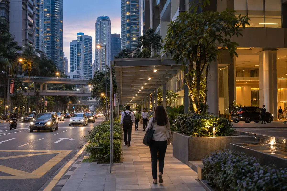 Pedestrians and evening traffic beside condominium entrances in central Kuala Lumpur