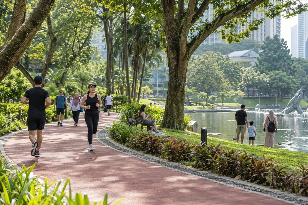 Residents walking and jogging beside the lake and tropical greenery in KLCC Park