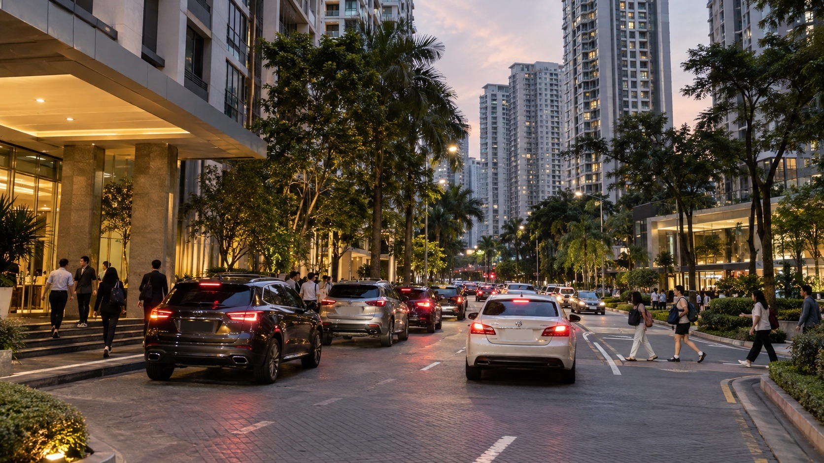 Evening traffic and condominium arrivals in a dense Mont Kiara residential area