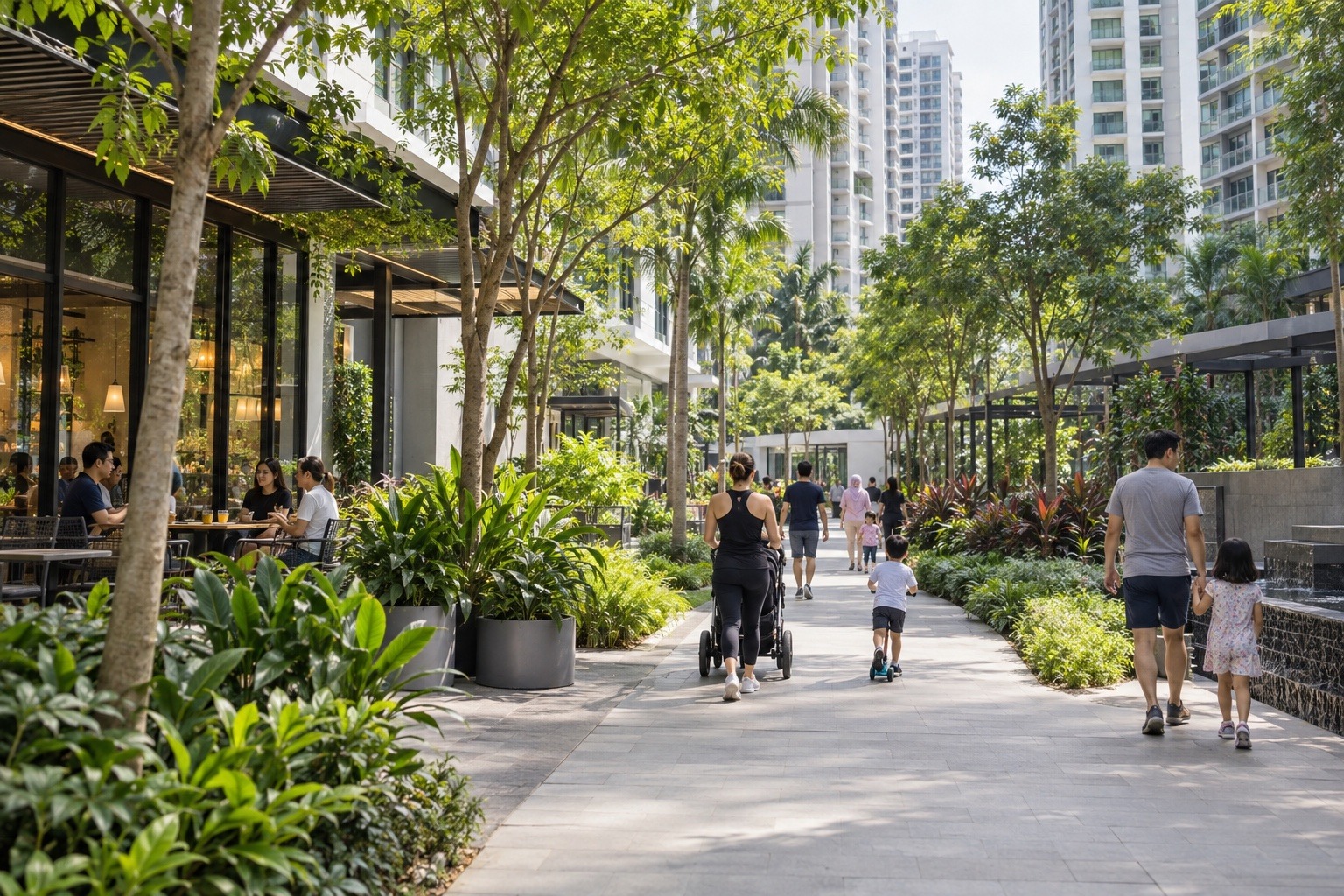 Family friendly residential walkway with cafes and condominiums representing daily life in Mont Kiara