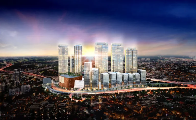 Artist’s impression of Pavilion Damansara Heights towers, mall and surrounding roads at dusk