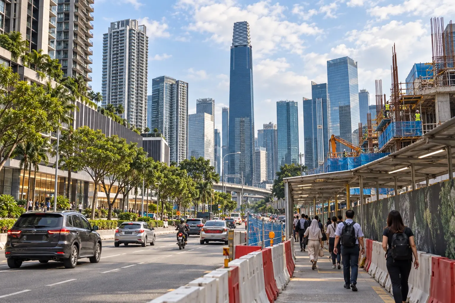 Pedestrians using a temporary walkway beside construction and completed towers near TRX
