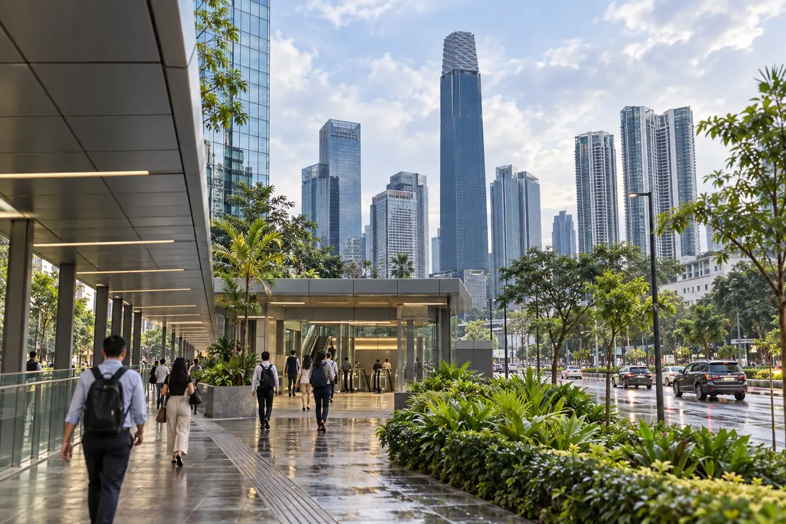 Commuters walking toward an MRT entrance near modern towers around TRX