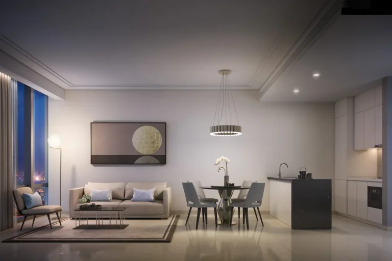 Artist impression of a Pavilion Damansara Heights living room with an adjoining dining area and kitchen
